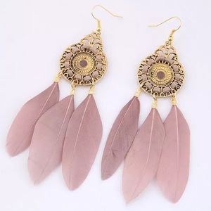 Pink Feather Earrings Drop Western Boho